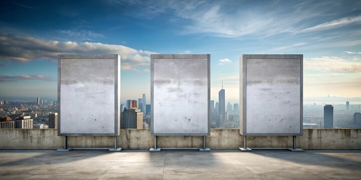 Three blank cement banners set against a city skyline await your personalized touch, ideal for promoting events or