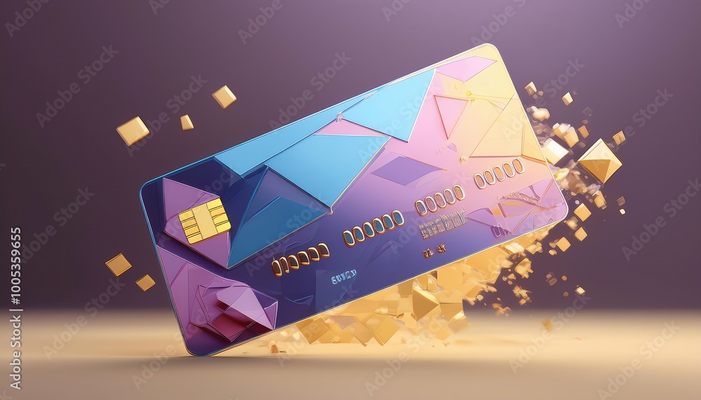 Poster a colorful credit card appears to be exploding with geometric shapes and particles, symbolizing digi