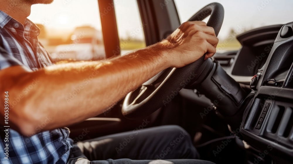 Poster a truck driver adjusting their gps system, with a live map showing real-time traffic data and update