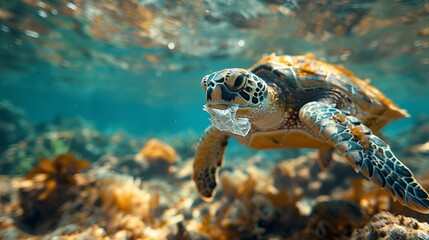 Obraz premium A sea turtle swims in the ocean with a piece of plastic in its mouth. AI generative. .