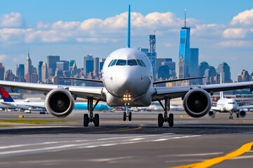 Fototapeta premium A massive urban metropolis airport, with planes taking off and landing while the skyline of the city rises in the distance.