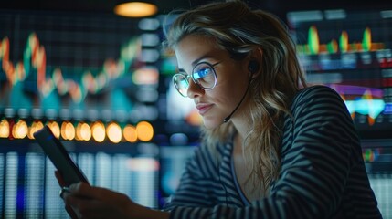 A woman in glasses and a headset, looking at a screen with colorful data and holding a phone. AI generative. .
