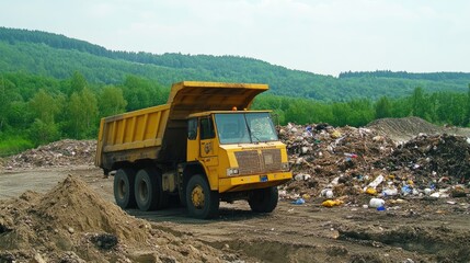 Obraz premium A dump truck unloading debris into a landfill, showcasing the waste management process and environmental considerations.