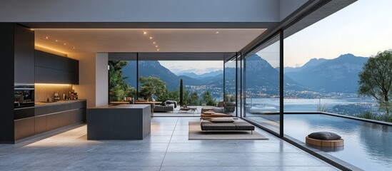 Fototapeta premium Modern kitchen with a view of a lake and mountains, a minimalist design with a large window showcasing stunning scenery.