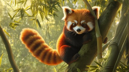 Fototapeta premium Capture the adorable charm of a red panda in its natural habitat, surrounded by lush bamboo forests, as it playfully climbs trees with its bright reddish-brown fur and bushy tail
