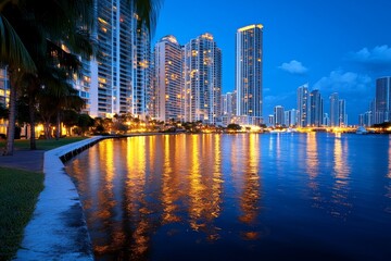 Fototapeta premium A modern urban metropolis skyline reflected on a river, where the shimmering lights of the buildings contrast with the calm water.