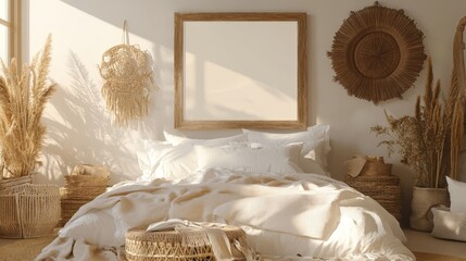 A mockup frame surrounded by coastal boho elements in a tranquil bedroom, featuring natural textures and soft colors that create an inviting ambiance
