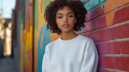 Fototapeta premium Model in White Sweatshirt Against Vibrant Colorful Mural