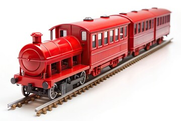 Fototapeta premium Red train transportation isolated on white background forced perspective