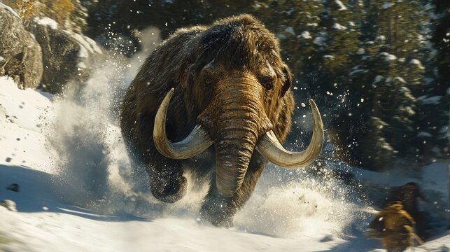 A dynamic action shot of a mammoth charging through a snowy landscape, kicking up snow as it moves.
