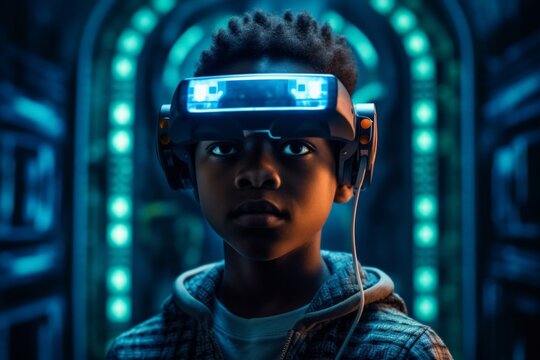 A young man wearing a futuristic headset stands against a blue and green neon background. AI generative. .