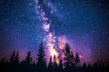 Silhouette of pine trees against a starry night sky with a glowing purple and yellow Milky Way. AI generative. .
