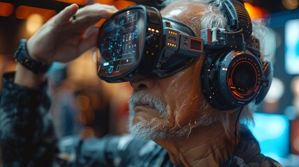 A senior man wearing futuristic VR headset with glowing display. AI generative. .