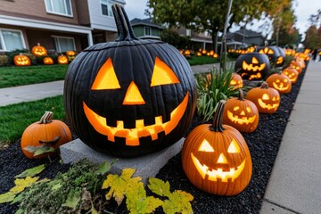A neighborhood decorated with jack-o'-lanterns, where glowing pumpkins line the sidewalks, setting the scene for trick-or-treaters.