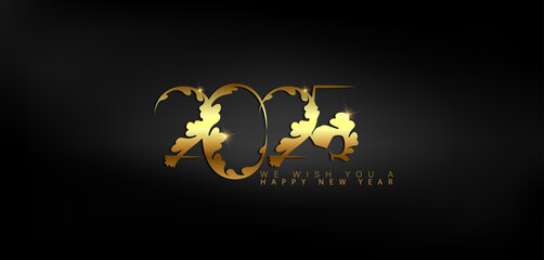 Vibrant gold Happy New Year 2025 displayed on a black background embodying the excitement of the upcoming year