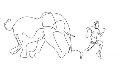 continuous line of people running after an elephant.vector single line of a man running from an angry elephant.angry elephant chasing a man in one line drawing.isolated white background