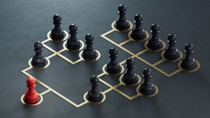 3D illustration of many pawns and RED organizational scheme over black background. Company hierarchy concept.3D rendering on black background.
