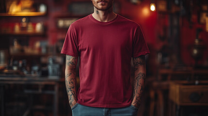 Obraz premium Acid-Washed Burgundy T-Shirt in Front View with Urban Studio and Industrial Background
