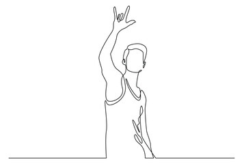 vector continuous line of man with rock and roll hand gesture.man raises hand and symbolizes rock and roll,three fingers.single line art isolated white background