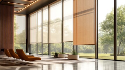 A modern interior featuring large roller blinds and automatic solar shades, complemented by wooden decor panels that add warmth to the space
