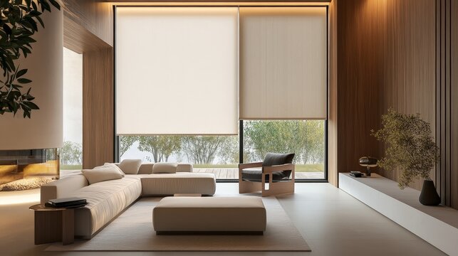A modern interior featuring large roller blinds and automatic solar shades, complemented by wooden decor panels that add warmth to the space