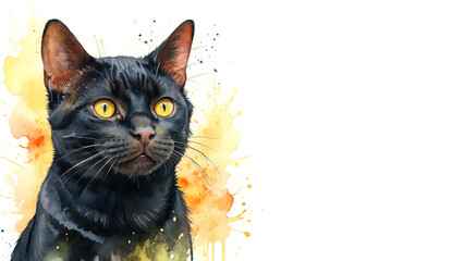 Bombay cat, captured in a serene watercolor portrait. Drawing. Art. Illustration. Copy Space. Black cat. 1