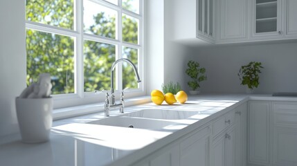 A modern kitchen scene highlights a stylish cabinet, a pristine sink, and a bright window enhancing the space.