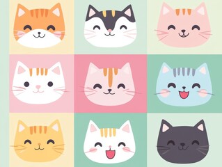 Fototapeta premium 2408 102.A collection of cartoon cat faces in square silhouettes, featuring various fur colors and cute details like pink ears, tiny tongues, and round eyes. The cats have simple, flat designs in a