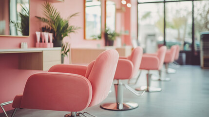 Modern pink salon interior with stylish chairs and bright natural lighting during the day