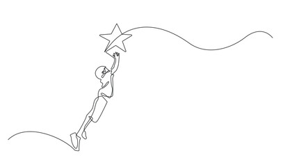 continuous line of children reaching for stars.single vector line of children reaching for goals.isolated white background