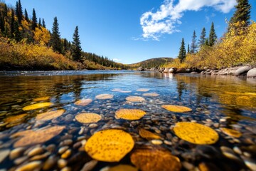 Obraz premium A river ecosystem flowing through a forest, where beavers, fish, and water plants create a dynamic aquatic environment.