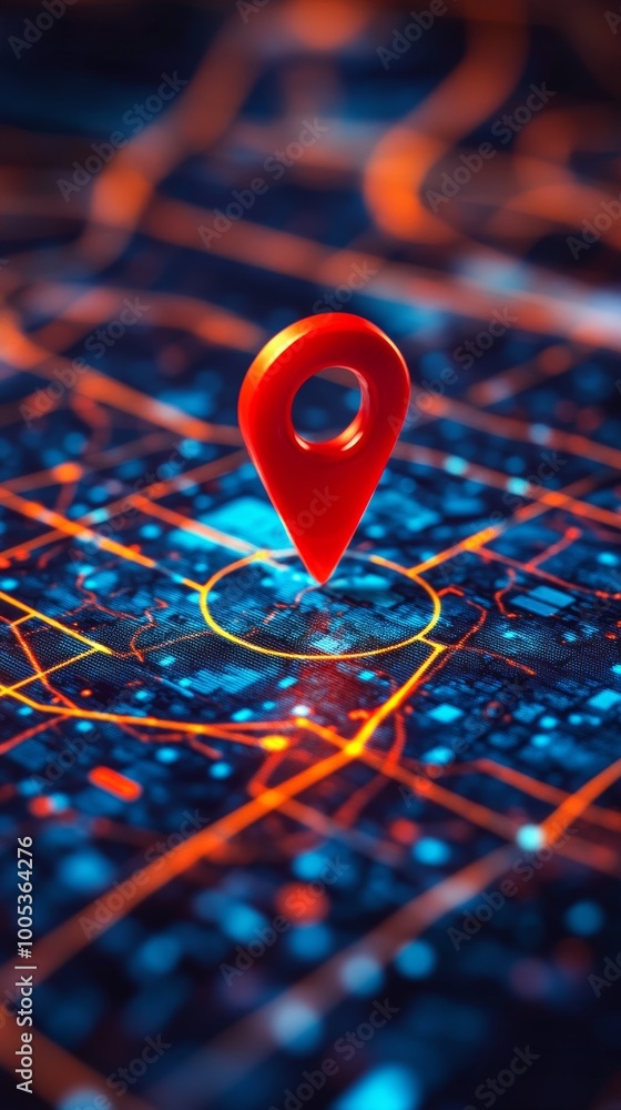 Poster red location pin on digital map with neon highlights, futuristic navigation concept