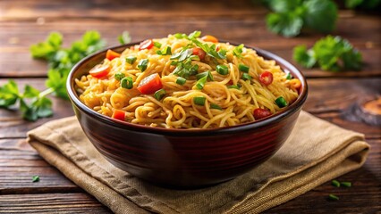 Reflected masala maggi noodles instant served in a bowl, closeup with selective focus and blur