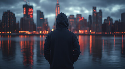 Plain Black Hoodie with New York City Skyline and Dramatic City Lights