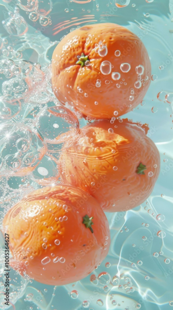 Aufkleber three oranges floating in a pool of water with bubbles. ai.