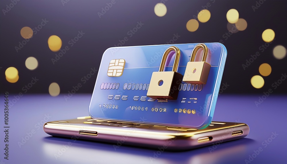 Poster a digitally rendered credit card with locks displayed on a smartphone, symbolizing online security a