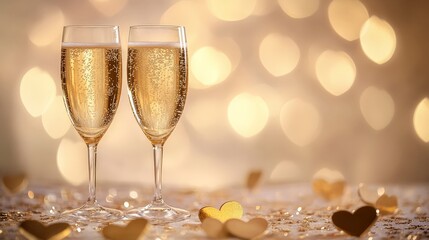 A pair of elegant champagne glasses filled with golden bubbles sits on a heart-patterned tablecloth, set against a soft bokeh background, perfect for Valentine's Day