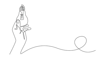continuous line of hand holding a light bulb.vector single line of hand carrying a light bulb.fixing the lamp.isolated white background