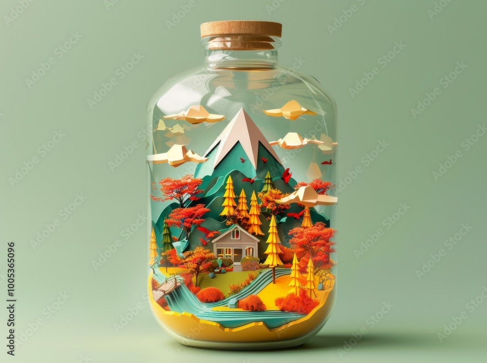 Poster a bottle with a picture of an island and trees in it. ai.