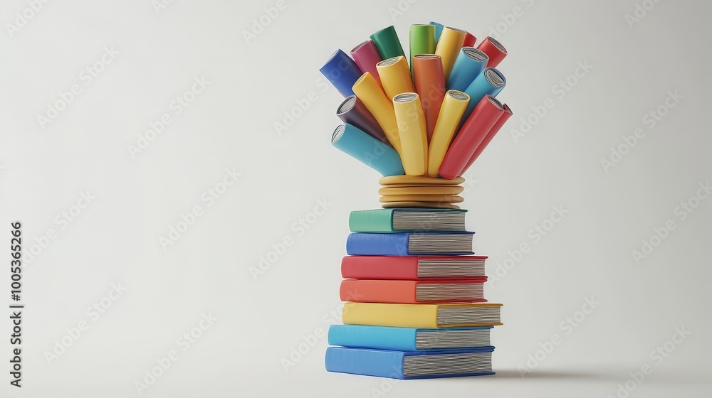 Aufkleber a playful 3d design illustrates a stack of colorful books arranged to form a light bulb. the simplic
