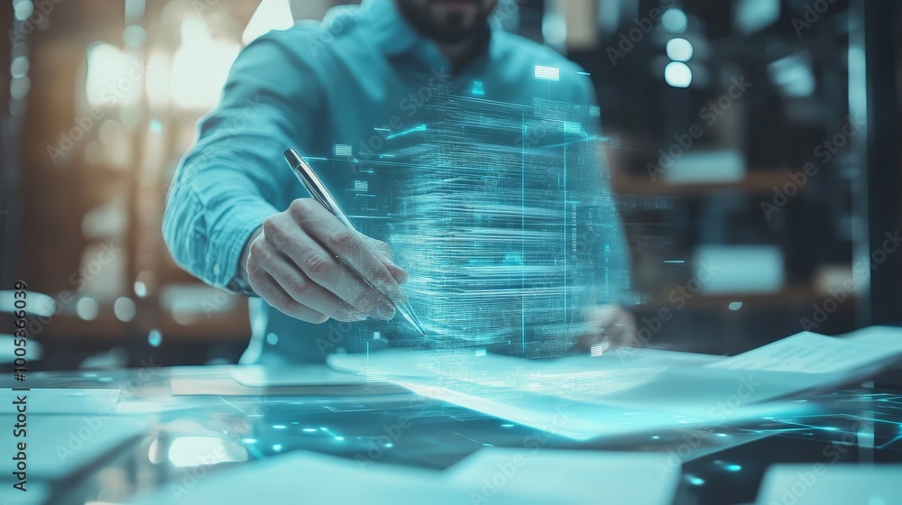 Poster a professional man engages with a floating hologram of a document management system, navigating file