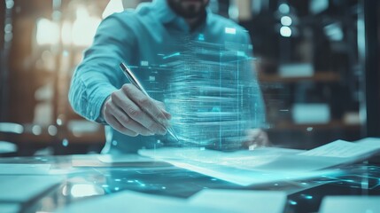 A professional man engages with a floating hologram of a document management system, navigating files with a pen, representing the future of digital collaboration