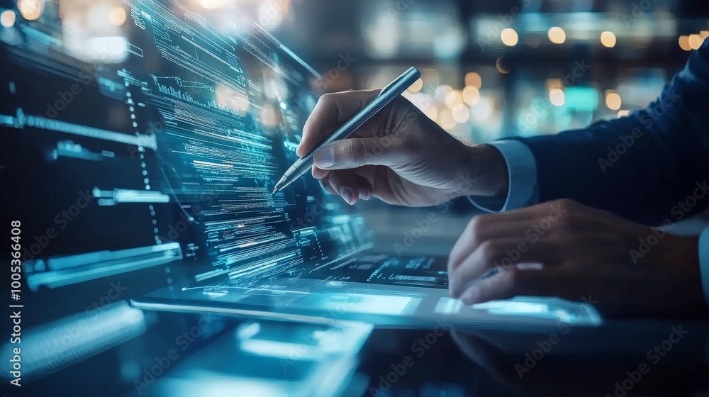 Poster a professional man uses a pen to engage with a holographic display of a document management system, 