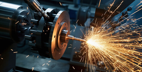 A metal lathe spins a workpiece as a cutting tool creates sparks. 
