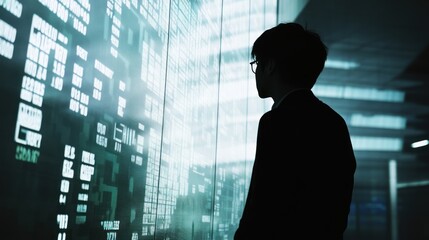 A silhouette of a person in business attire observing digital data on a screen.