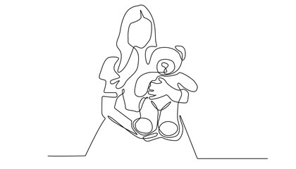 continuous line of woman and teddy bear.vector single line of woman hugging teddy bear.isolated white background