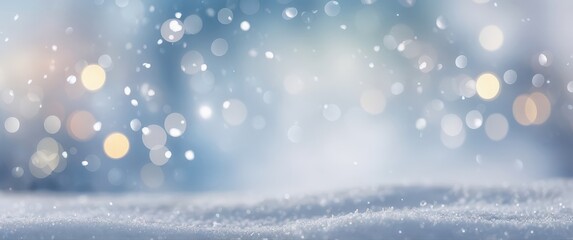 Christmas winter blurred background. Xmas tree with snow decorated with garland lights, holiday festive background widescreen backdrop. New Year Winter art design holiday border