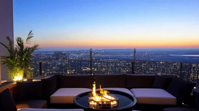 home interior design relax casual living room against sunning city view background night time. generative ai  