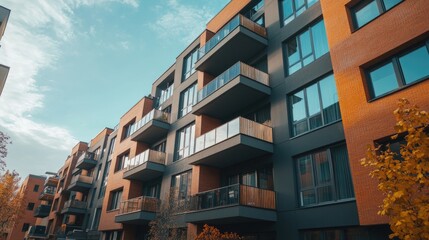 Fototapeta premium A modern apartment building with balconies and large windows, standing tall against a backdrop of city life.
