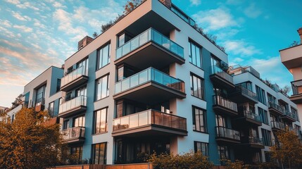 Obraz premium A modern apartment building with balconies and large windows, standing tall against a backdrop of city life.